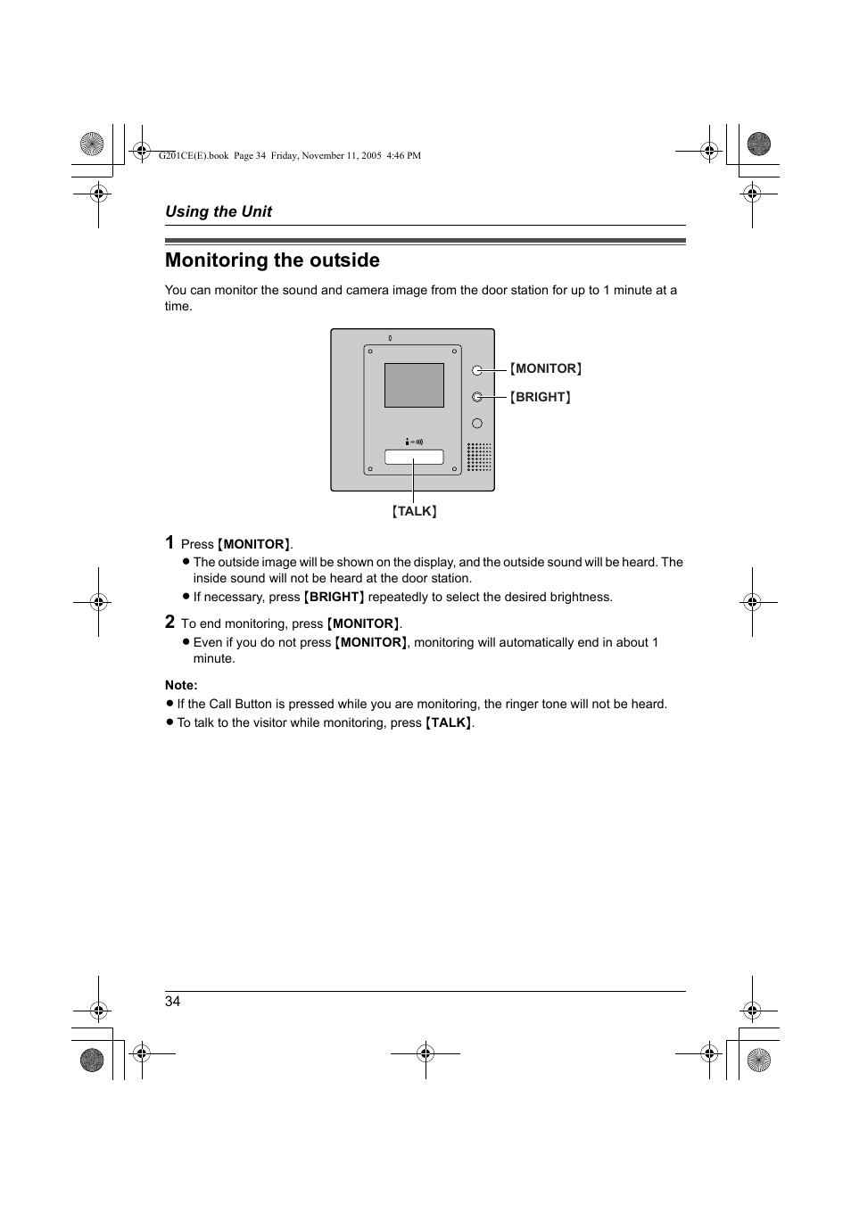 Monitoring the outside | Panasonic VL-G201 User Manual | Page 34 / 40