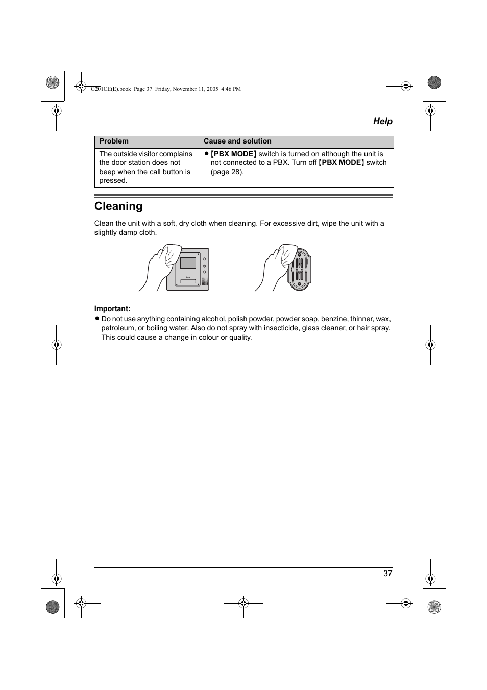 Cleaning | Panasonic VL-G201 User Manual | Page 37 / 40