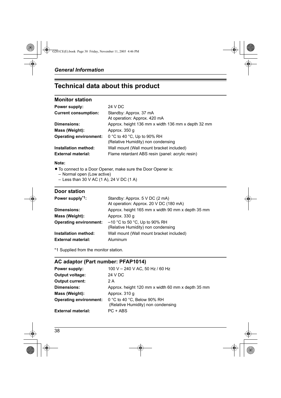 Technical data about this product | Panasonic VL-G201 User Manual | Page 38 / 40