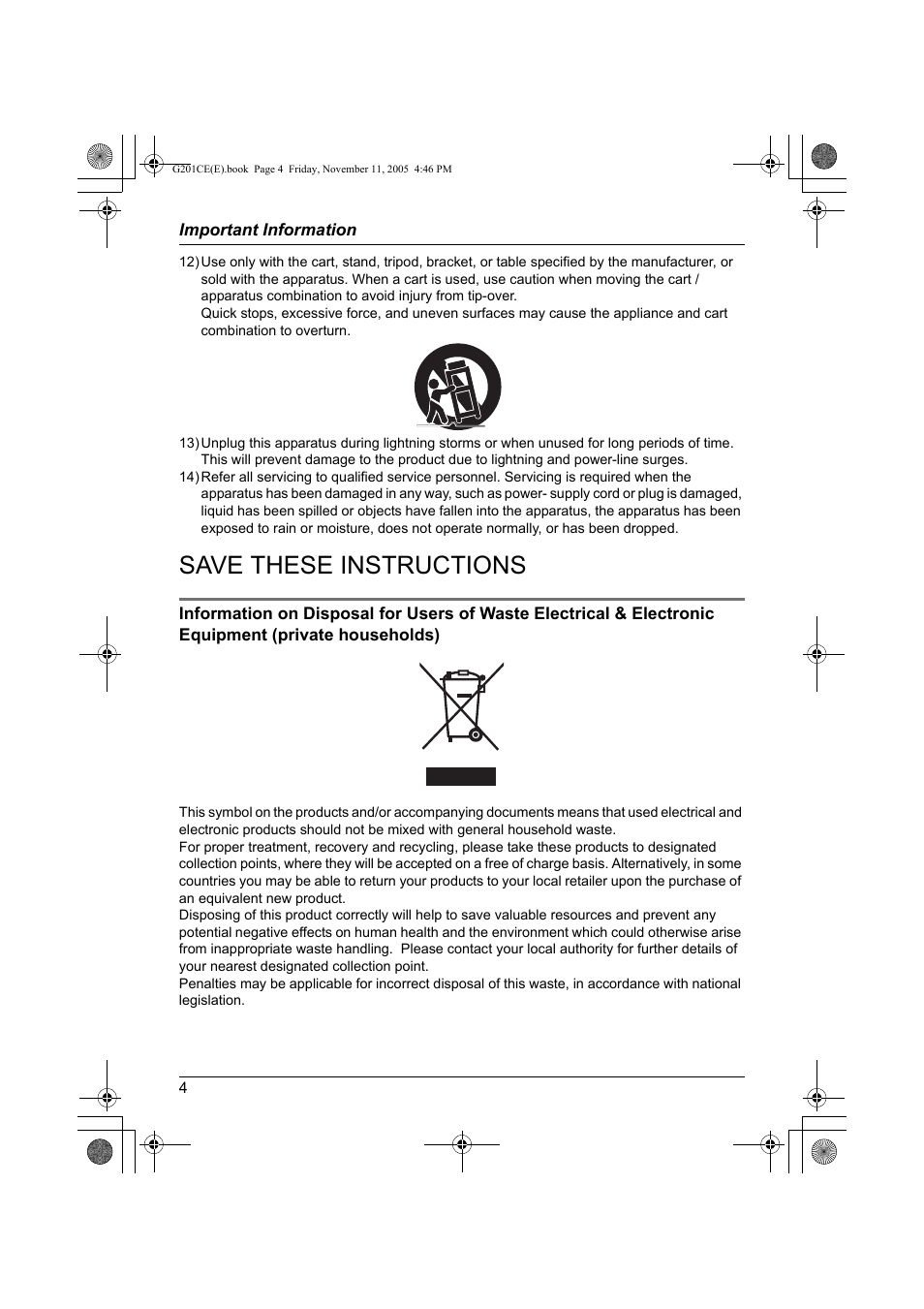 Save these instructions | Panasonic VL-G201 User Manual | Page 4 / 40