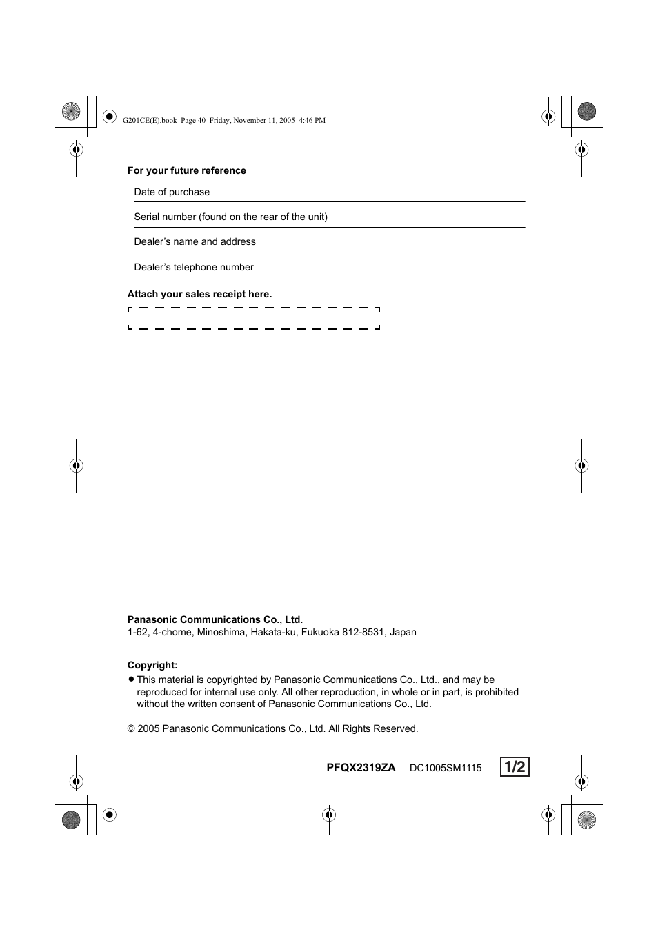 Panasonic VL-G201 User Manual | Page 40 / 40