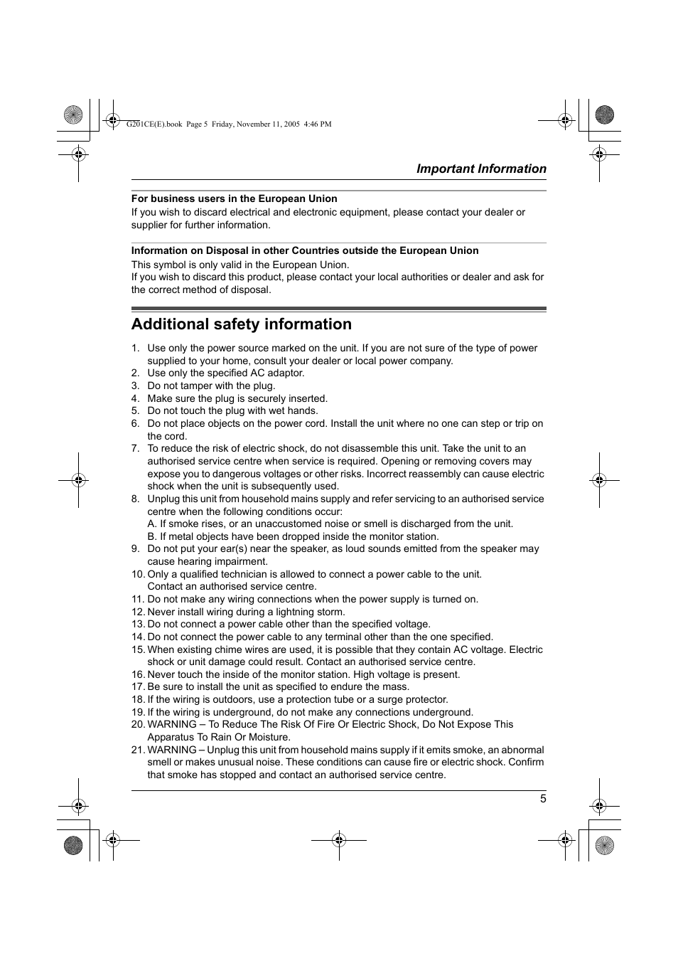 Additional safety information | Panasonic VL-G201 User Manual | Page 5 / 40