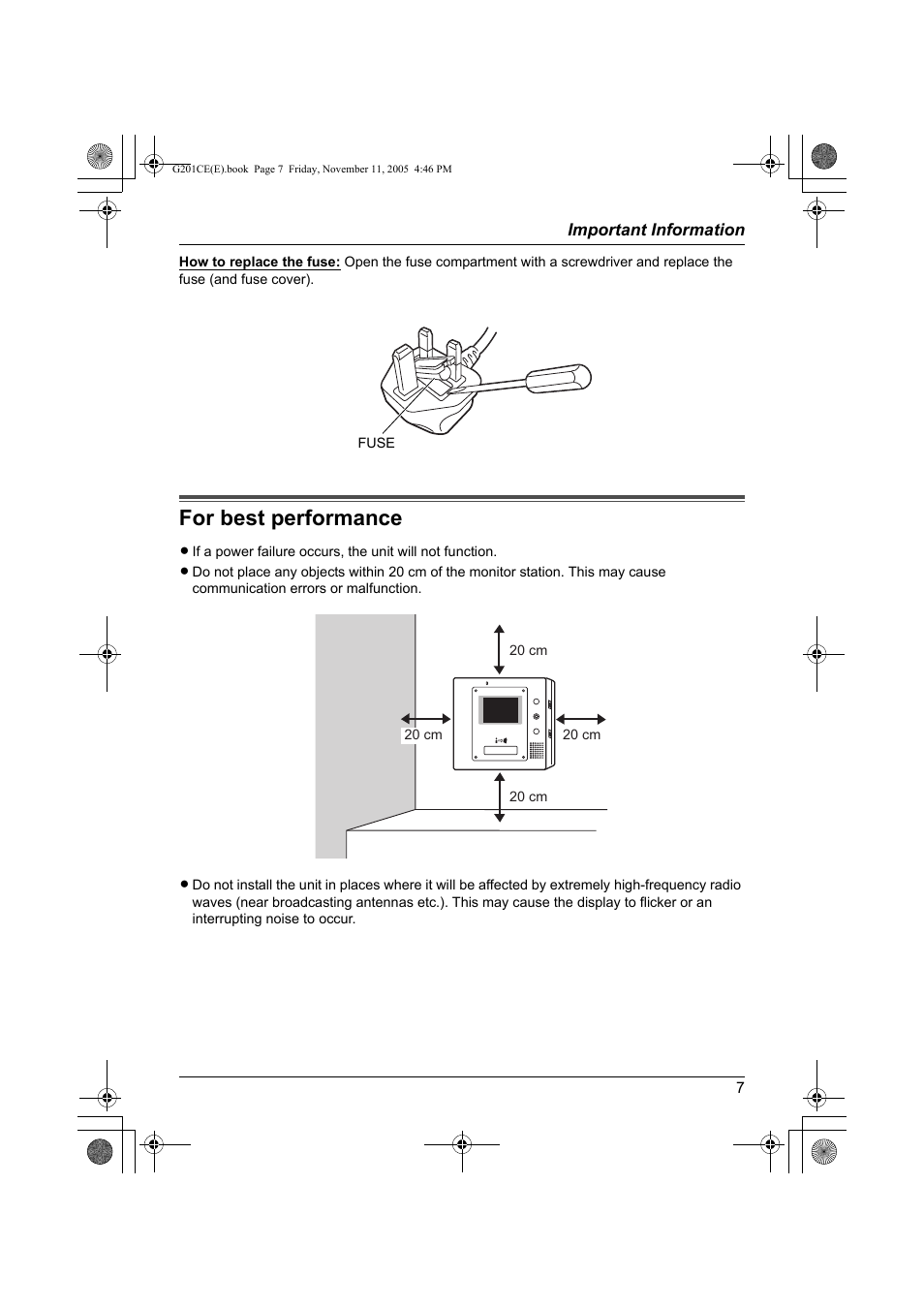 For best performance | Panasonic VL-G201 User Manual | Page 7 / 40