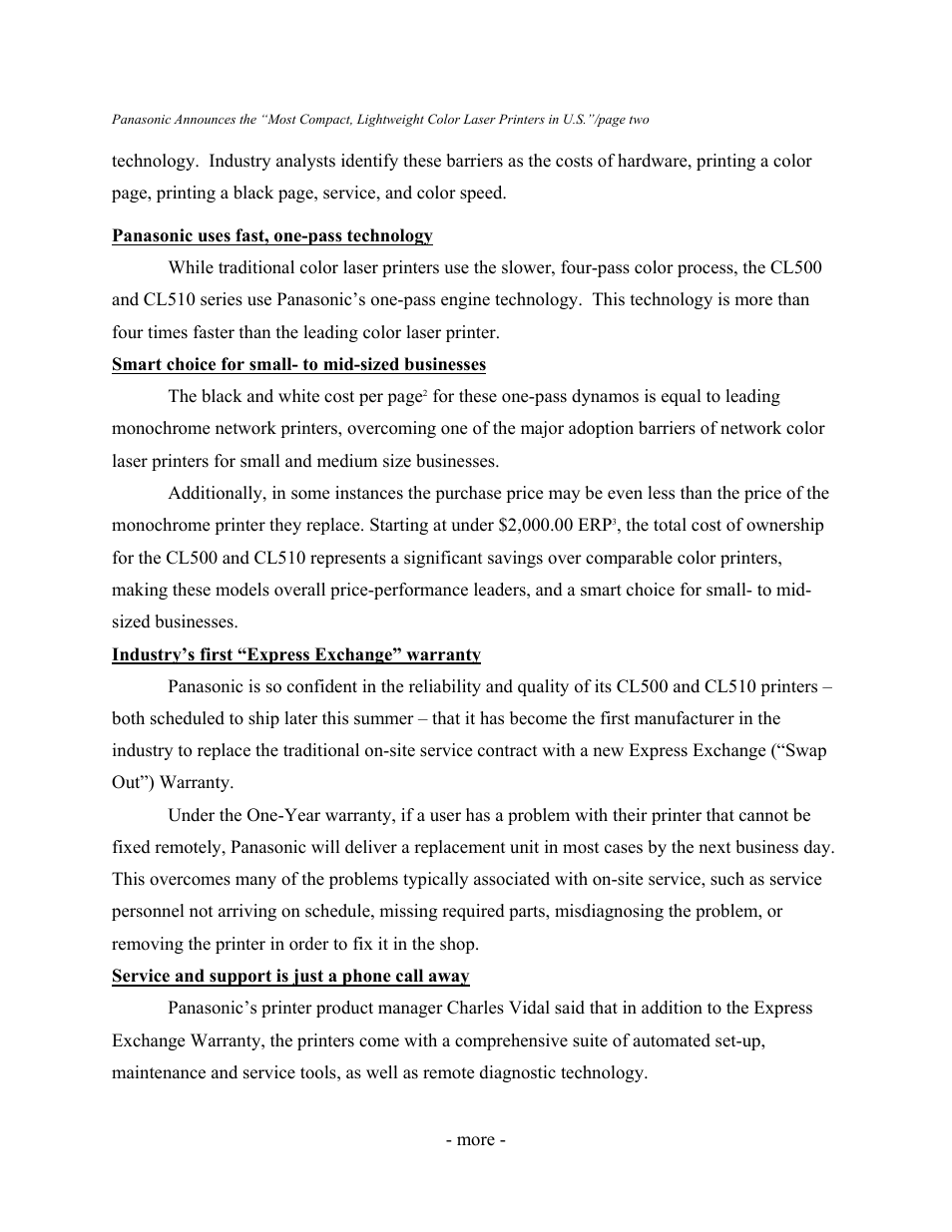 Panasonic announces the “most compact, lightweigh, Panasonic uses fast, one-pass technology, Smart choice for small- to mid-sized businesses | Industry’s first “express exchange” warranty, Service and support is just a phone call away | Panasonic WORKIO CL510 User Manual | Page 2 / 5