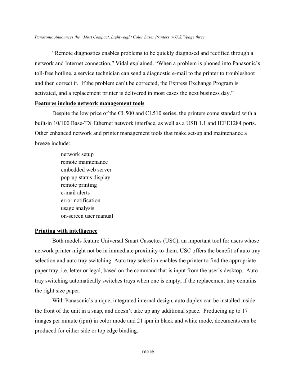 Panasonic announces the “most compact, lightweigh, Features include network management tools, Printing with intelligence | Panasonic WORKIO CL510 User Manual | Page 3 / 5