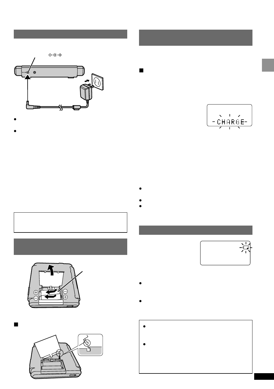 Power supply, Getting started, Using the ac adaptor | Using rechargeable batteries (not included), Recharging, The battery indicator, Using dry cell batteries (not included), If the battery lid comes loose | Panasonic SV-SR100 User Manual | Page 7 / 24