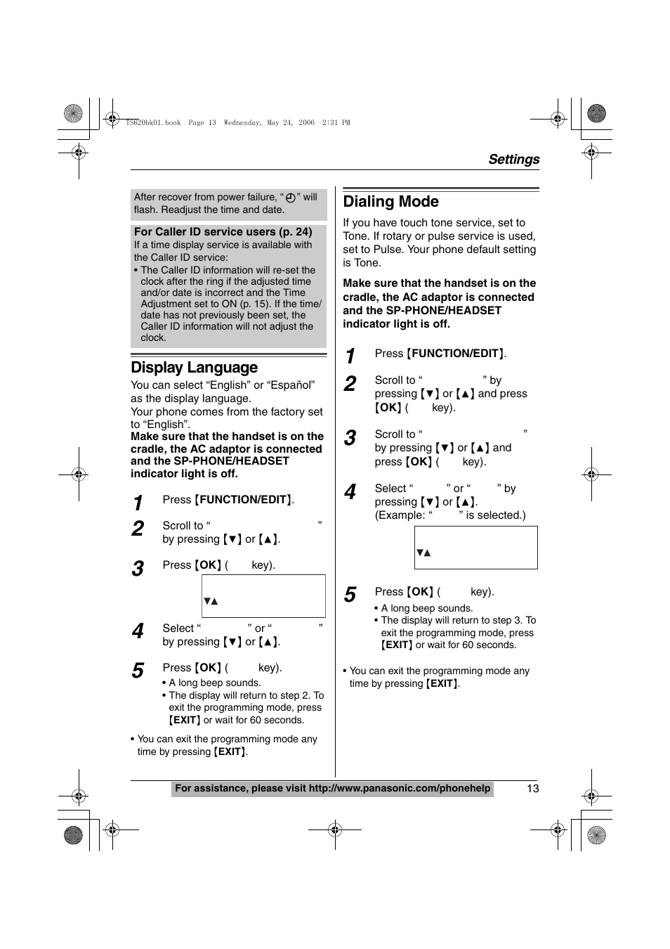 Display language, Dialing mode | Panasonic KX-TS620 User Manual | Page 13 / 64
