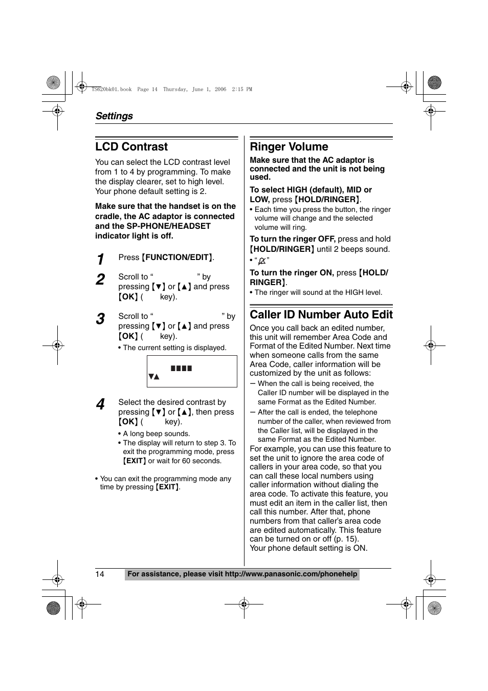 Lcd contrast, Ringer volume, Caller id number auto edit | Settings | Panasonic KX-TS620 User Manual | Page 14 / 64