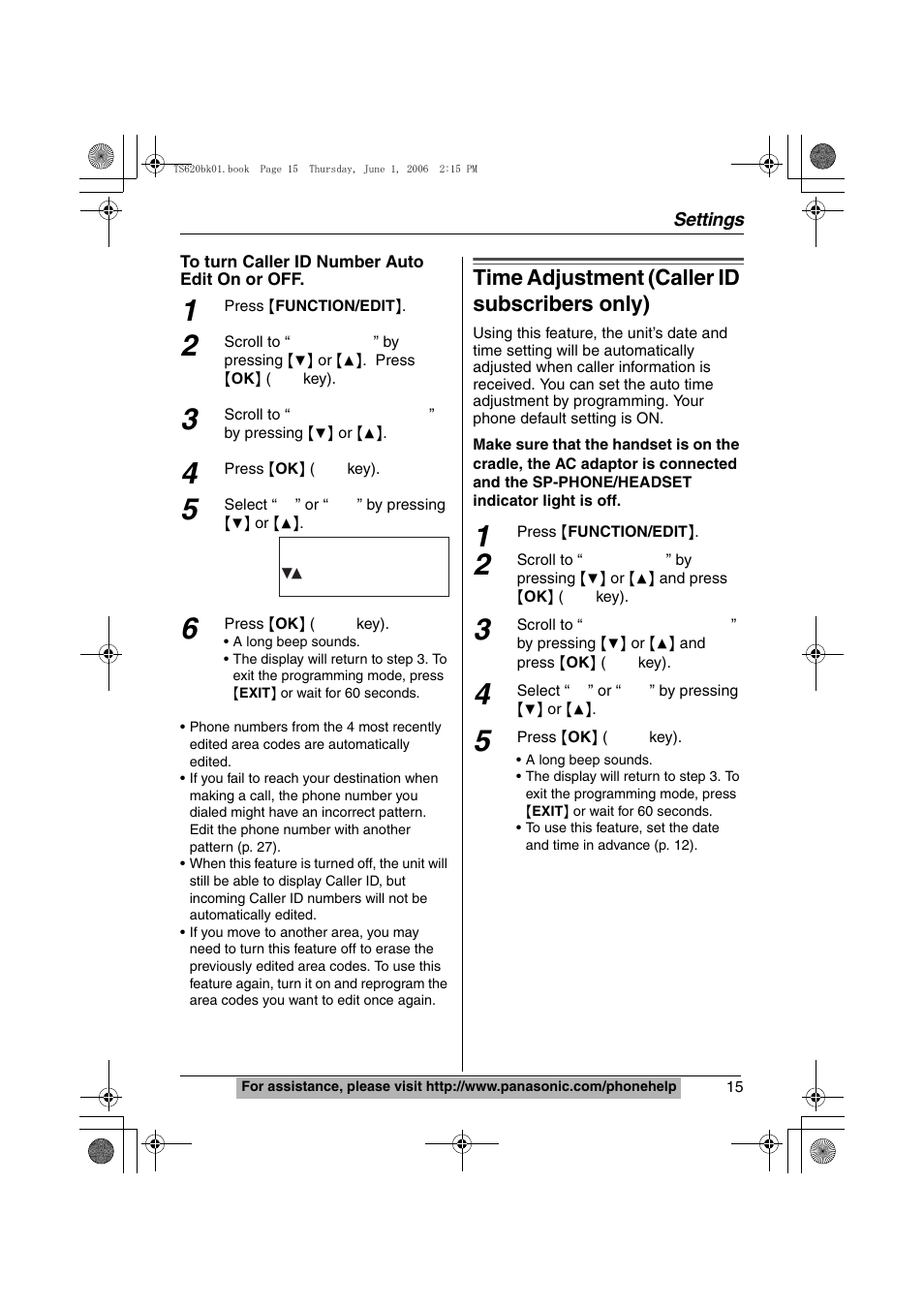 Time adjustment caller id subscribers only), Time adjustment (caller id subscribers only) | Panasonic KX-TS620 User Manual | Page 15 / 64