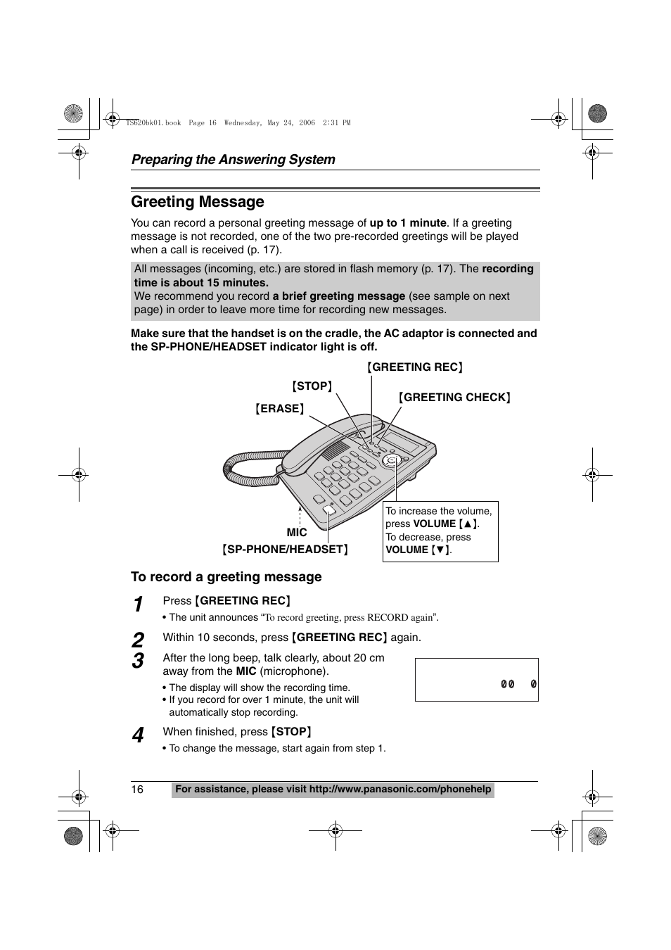 Preparing the answering system, Greeting message | Panasonic KX-TS620 User Manual | Page 16 / 64