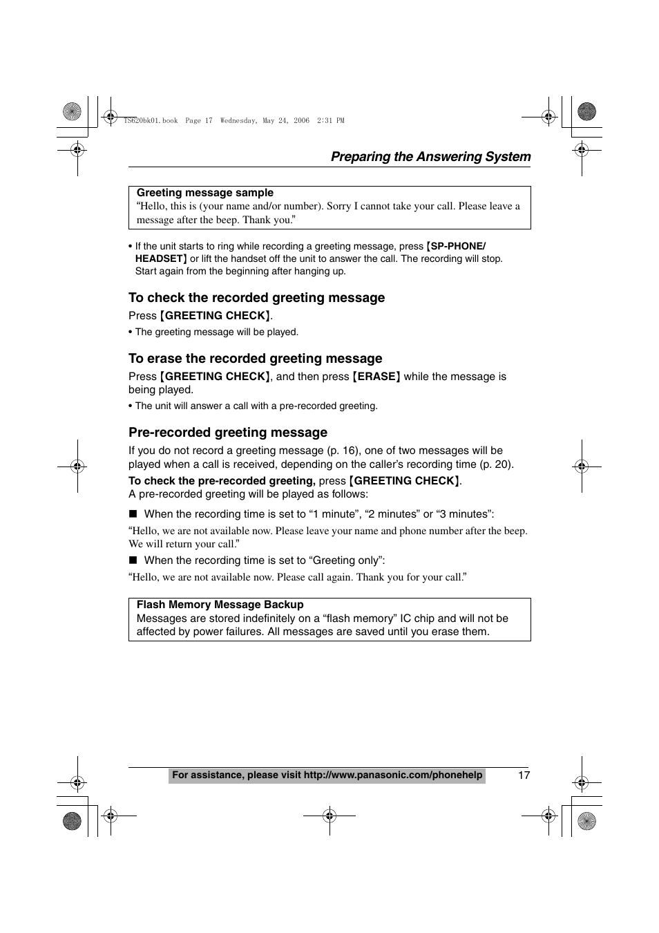 Preparing the answering system, Pre-recorded greeting message | Panasonic KX-TS620 User Manual | Page 17 / 64