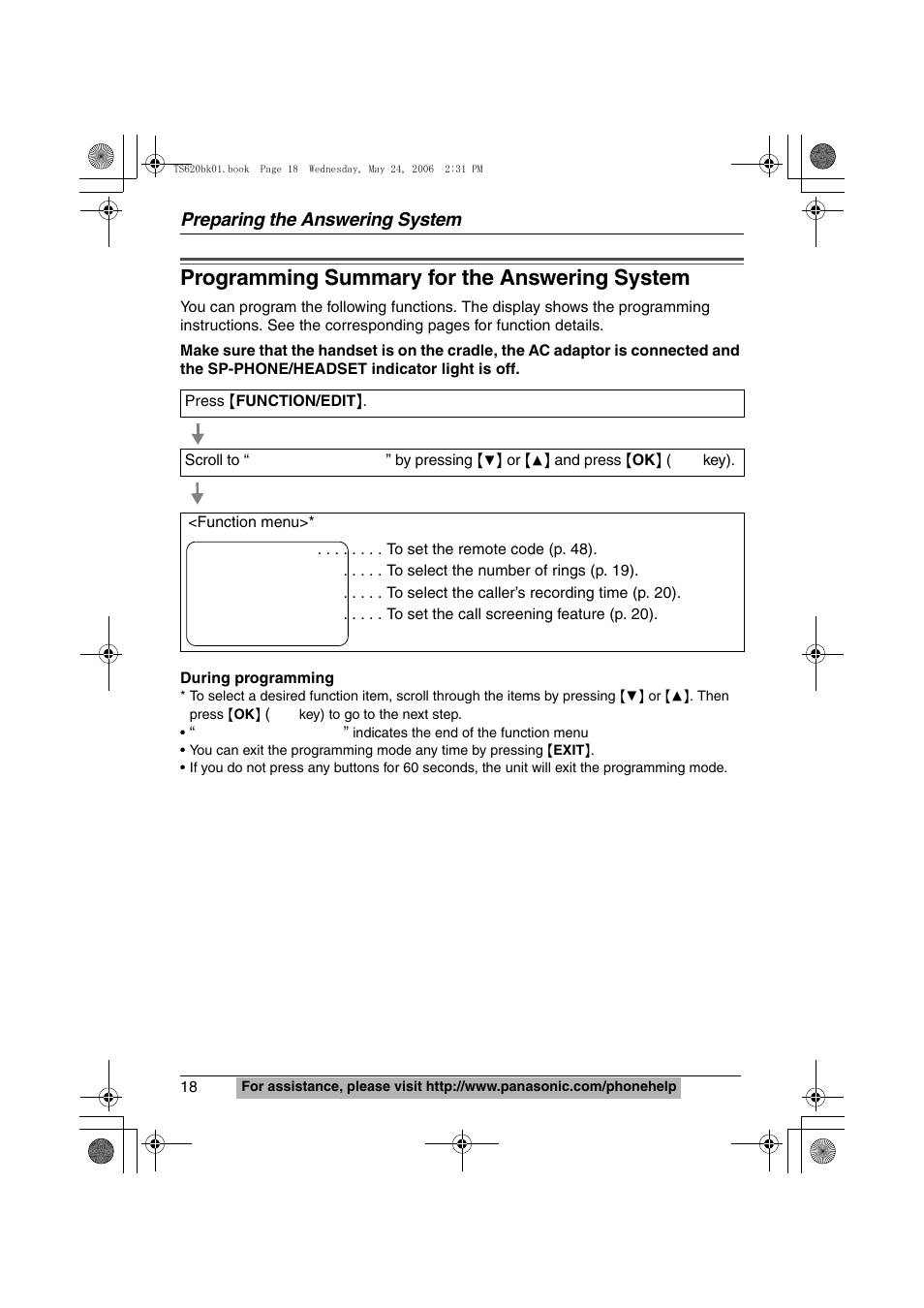 Programming summary for the answering system, Preparing the answering system | Panasonic KX-TS620 User Manual | Page 18 / 64