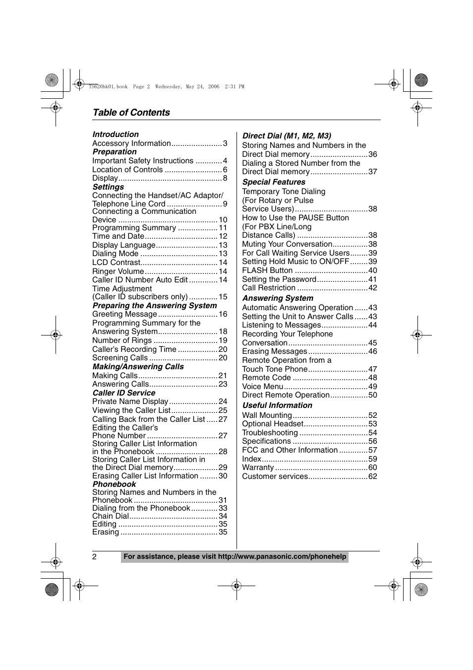 Panasonic KX-TS620 User Manual | Page 2 / 64