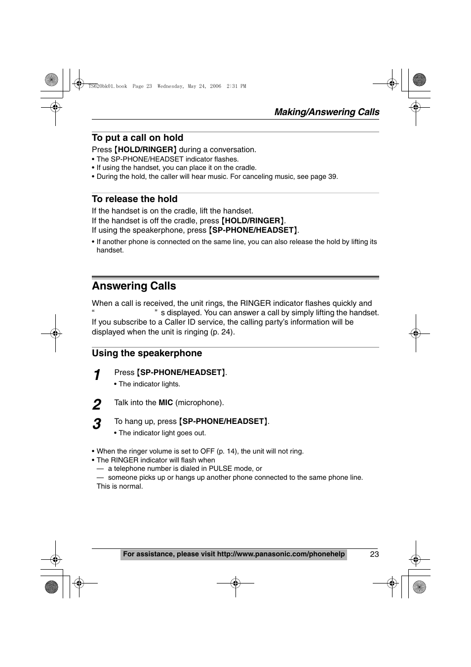 Answering calls | Panasonic KX-TS620 User Manual | Page 23 / 64