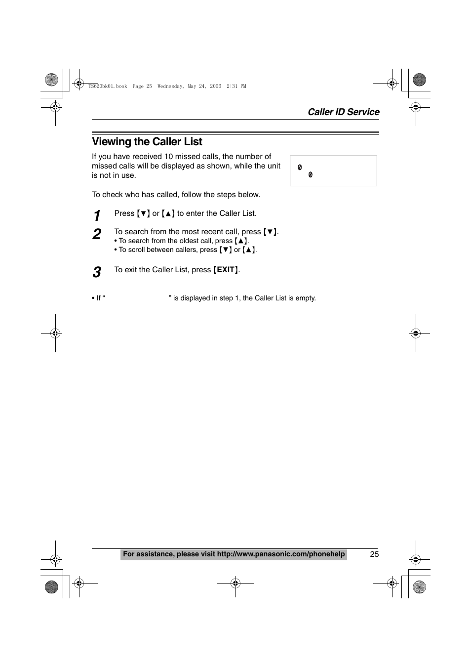 Viewing the caller id, Viewing the caller list | Panasonic KX-TS620 User Manual | Page 25 / 64