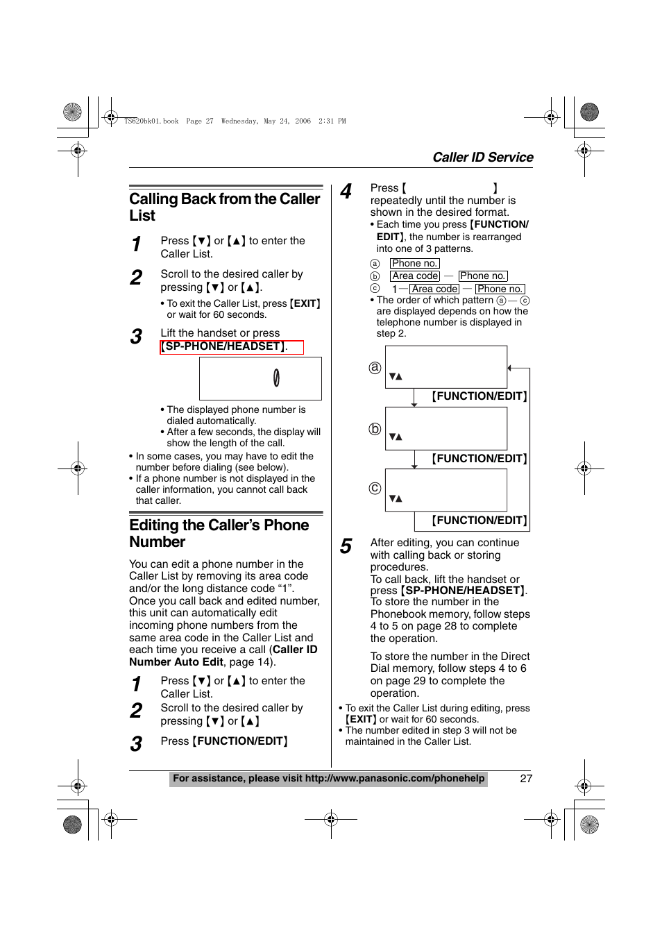 Calling back from the caller list, Editing the caller's phone number, Editing the caller’s phone number | Panasonic KX-TS620 User Manual | Page 27 / 64