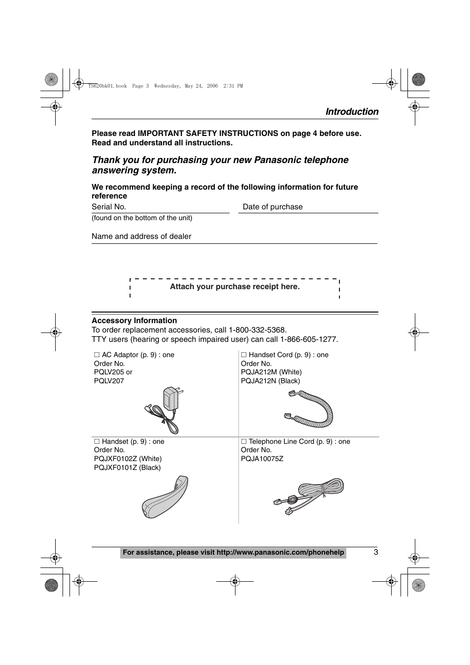 Introduction, Accoessory information | Panasonic KX-TS620 User Manual | Page 3 / 64