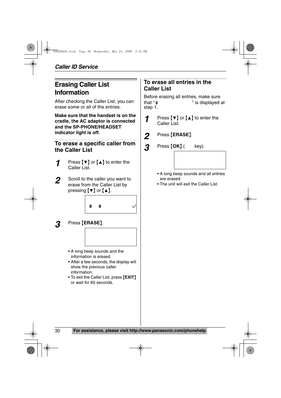Erasing caller list information | Panasonic KX-TS620 User Manual | Page 30 / 64