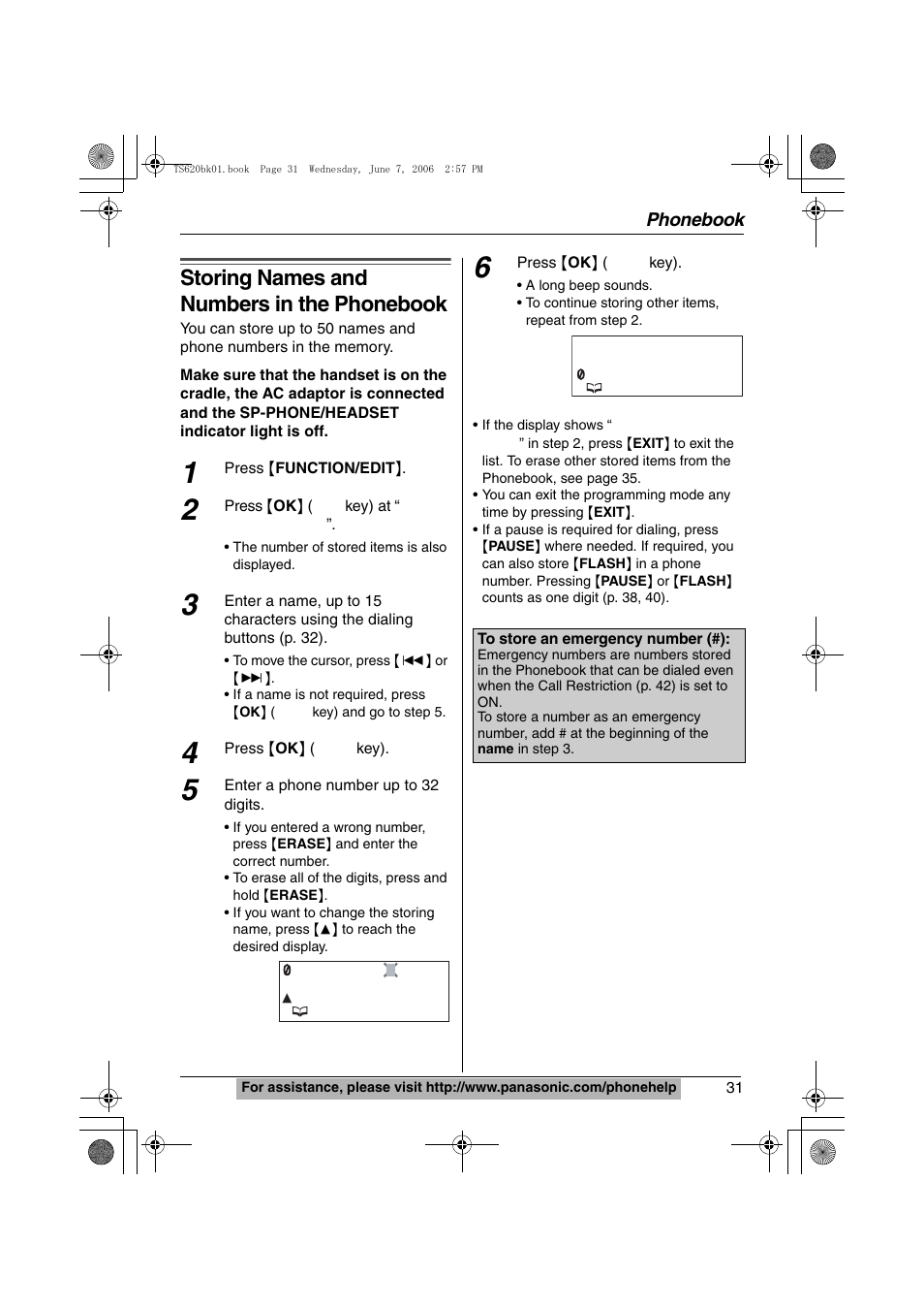 Phonebook, Tom jones, Storing names and numbers in the phonebook | Panasonic KX-TS620 User Manual | Page 31 / 64