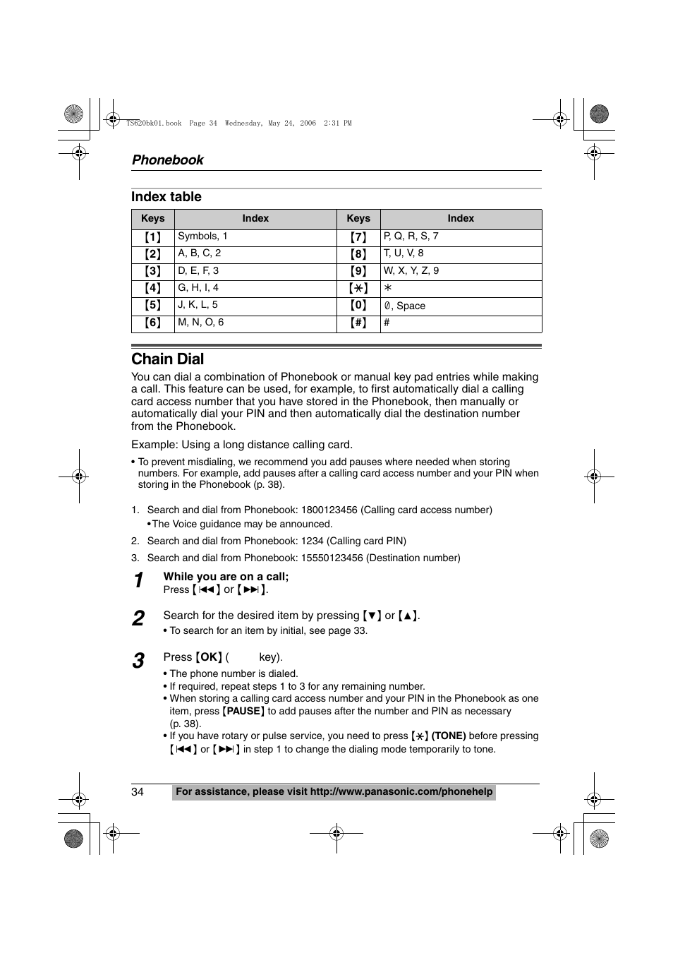 Chain dial, Phonebook, Index table | Panasonic KX-TS620 User Manual | Page 34 / 64
