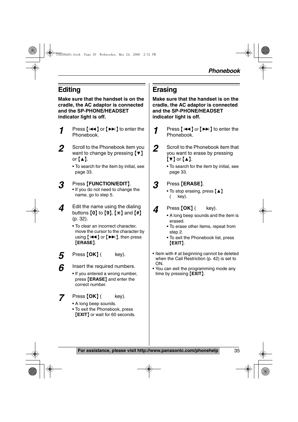 Editing, Erasing | Panasonic KX-TS620 User Manual | Page 35 / 64