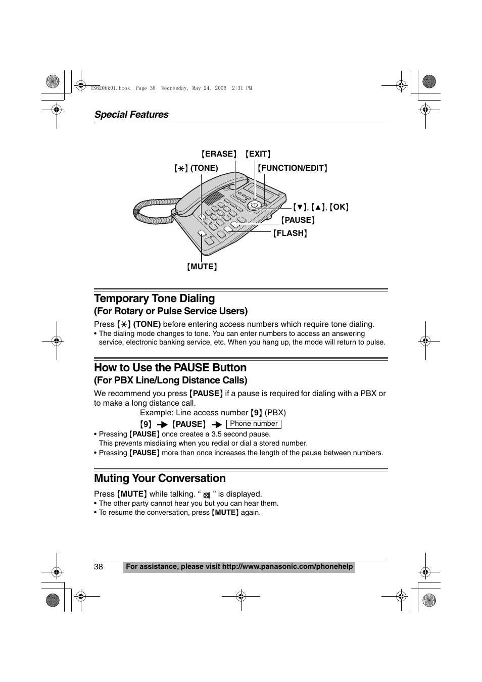 Special features, Muting your conversation, Temporary tone dialing | How to use the pause button, For rotary or pulse service users), For pbx line/long distance calls) | Panasonic KX-TS620 User Manual | Page 38 / 64