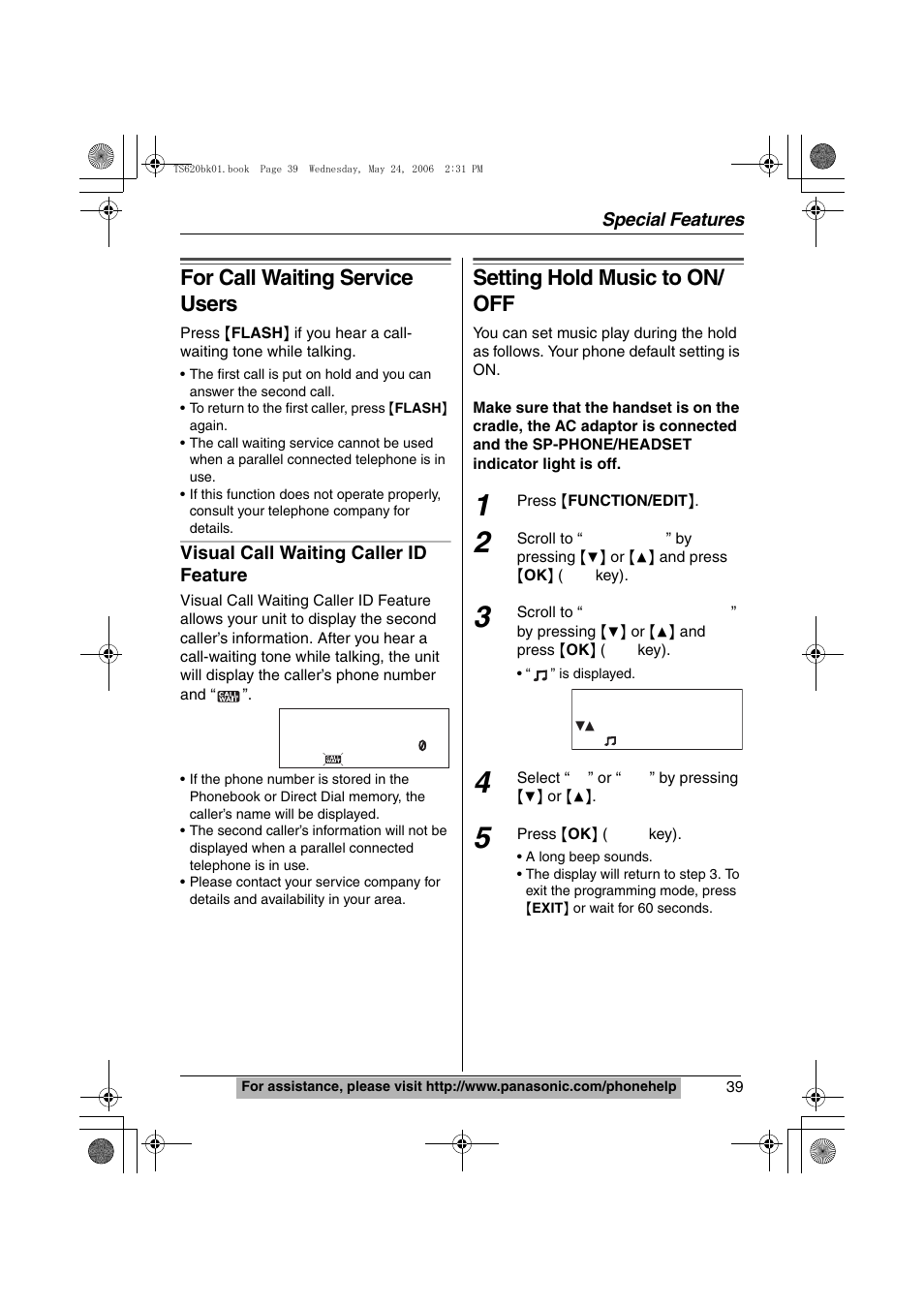 For call waiting service users, Setting hold music to on/off, Johnson,kevin | Setting hold music to on/ off | Panasonic KX-TS620 User Manual | Page 39 / 64