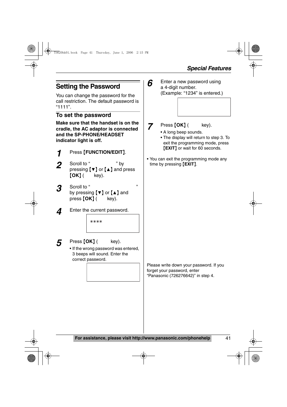 Setting the password | Panasonic KX-TS620 User Manual | Page 41 / 64
