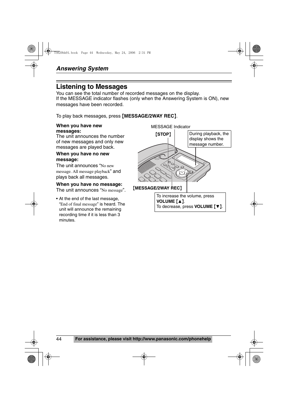 Listening to messages, Answering system | Panasonic KX-TS620 User Manual | Page 44 / 64