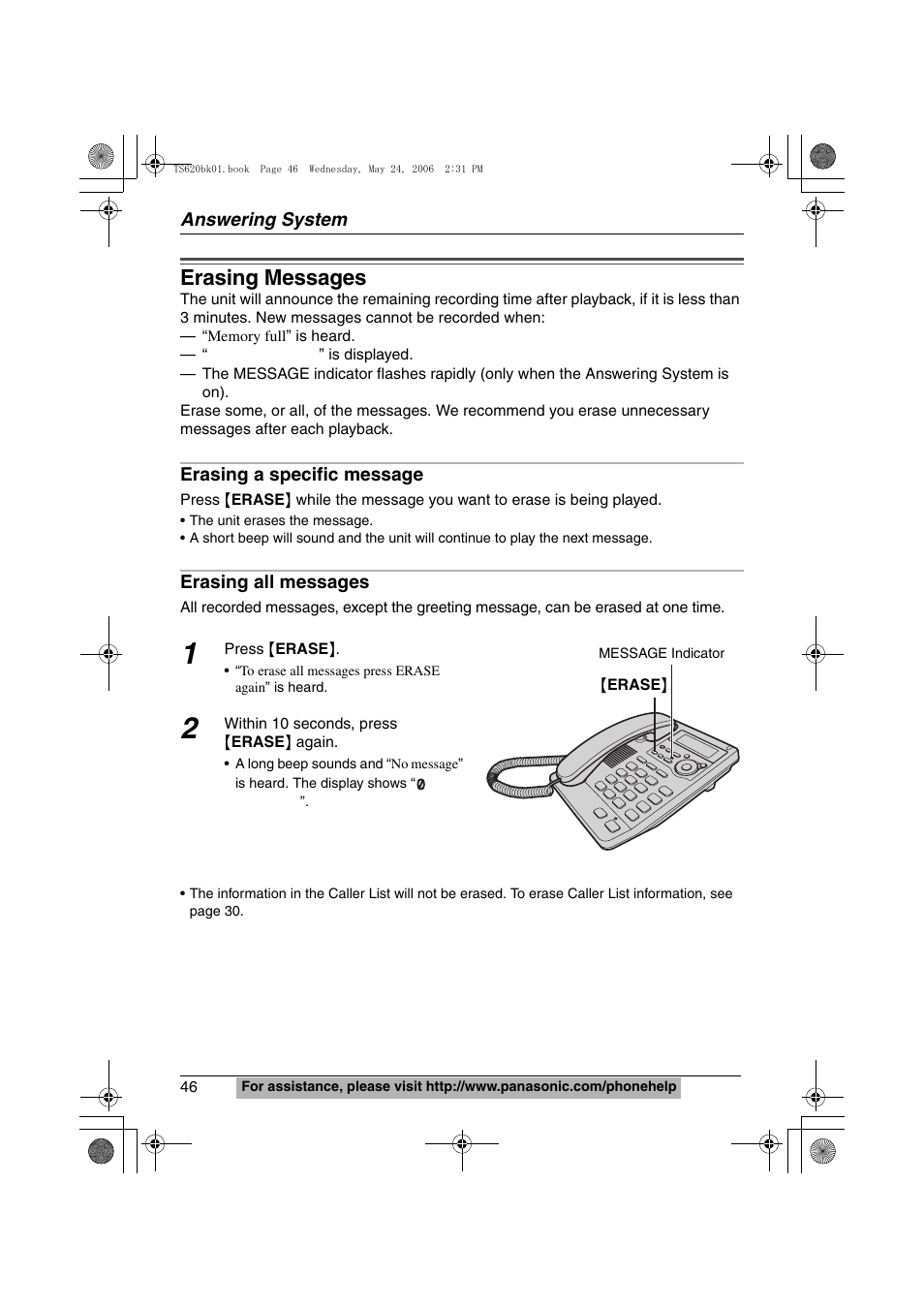 Erasing messages | Panasonic KX-TS620 User Manual | Page 46 / 64
