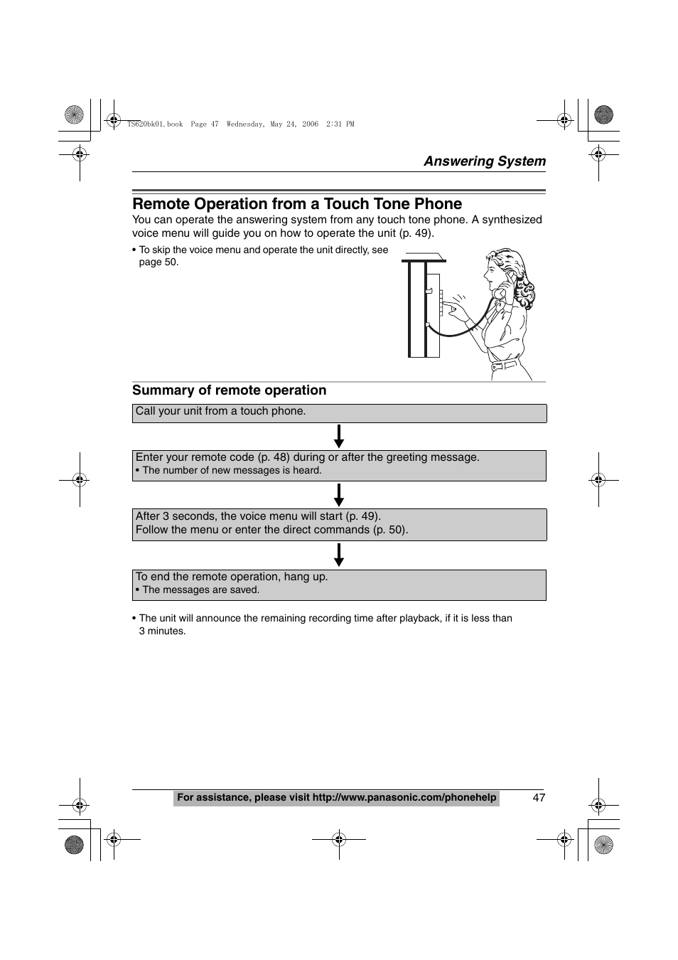 Remote operation from a touch tone phone, Answering system, Summary of remote operation | Panasonic KX-TS620 User Manual | Page 47 / 64