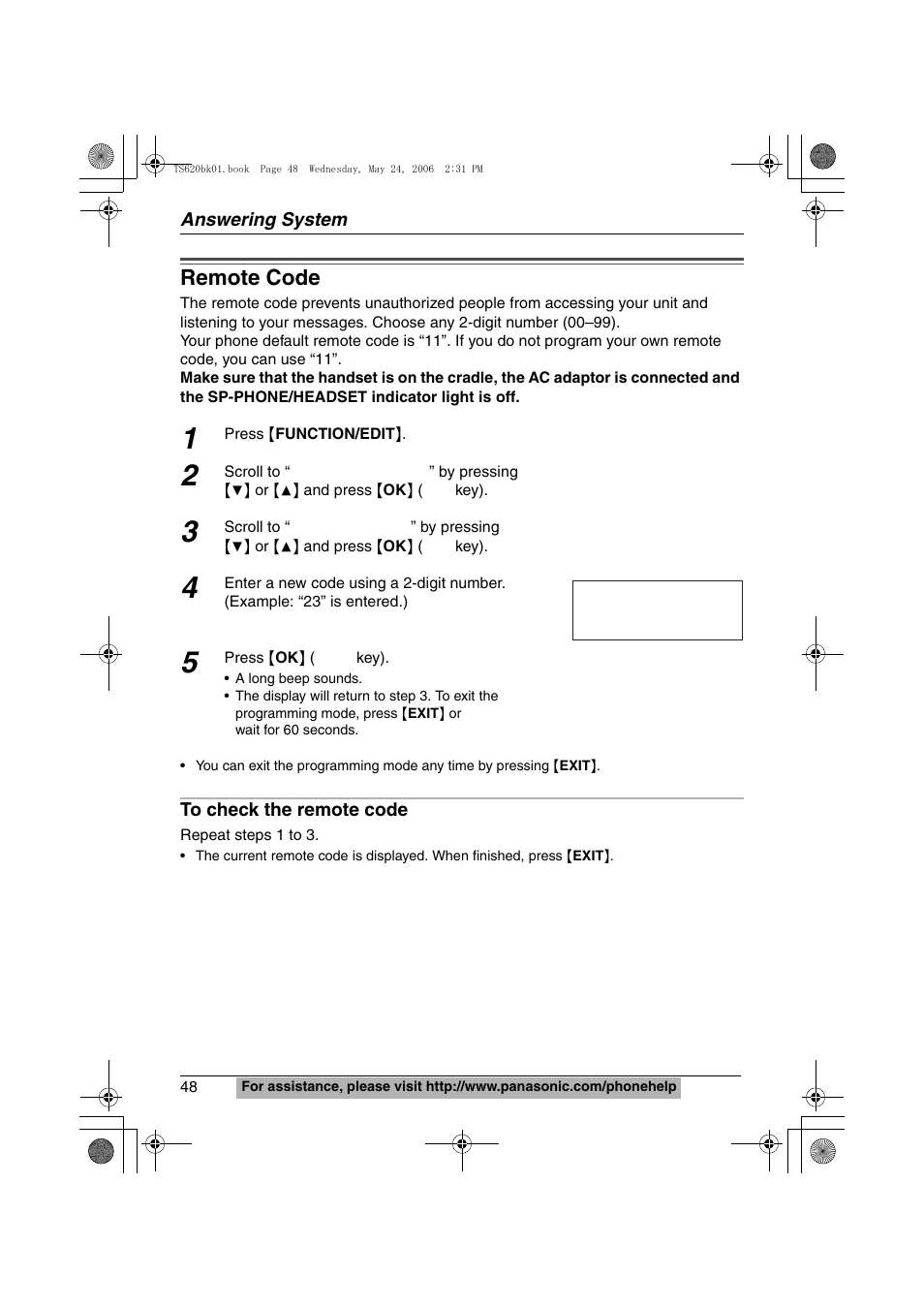 Remote code | Panasonic KX-TS620 User Manual | Page 48 / 64