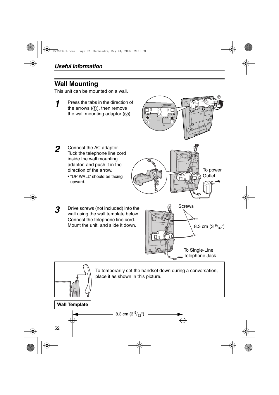 Useful information, Wall mounting | Panasonic KX-TS620 User Manual | Page 52 / 64
