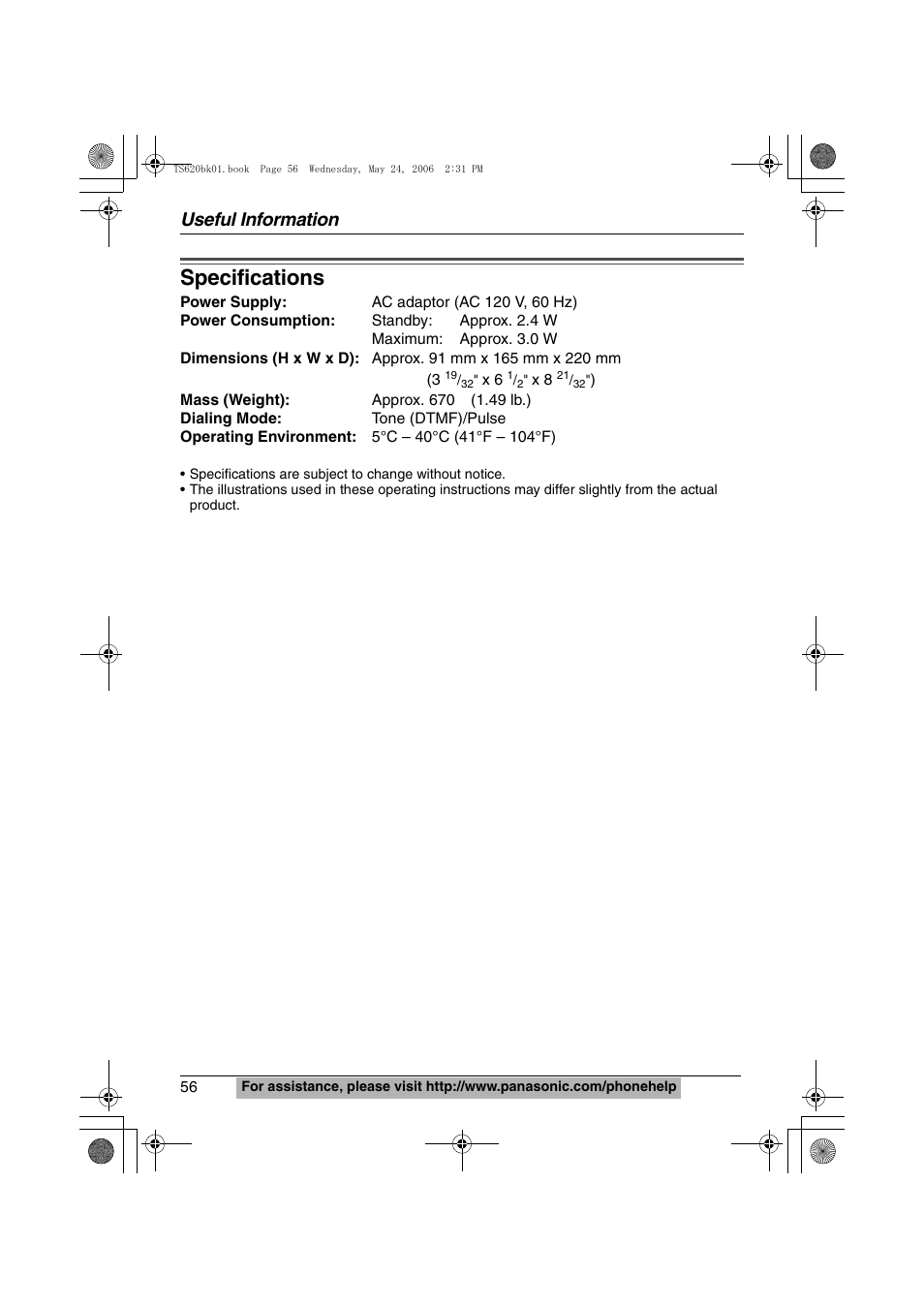 Specifications, Useful information | Panasonic KX-TS620 User Manual | Page 56 / 64