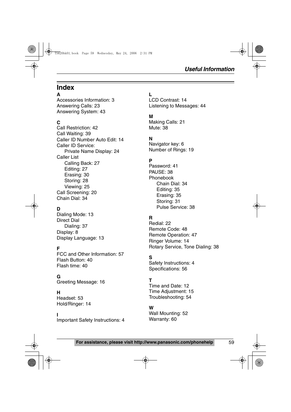 Index, Useful information | Panasonic KX-TS620 User Manual | Page 59 / 64
