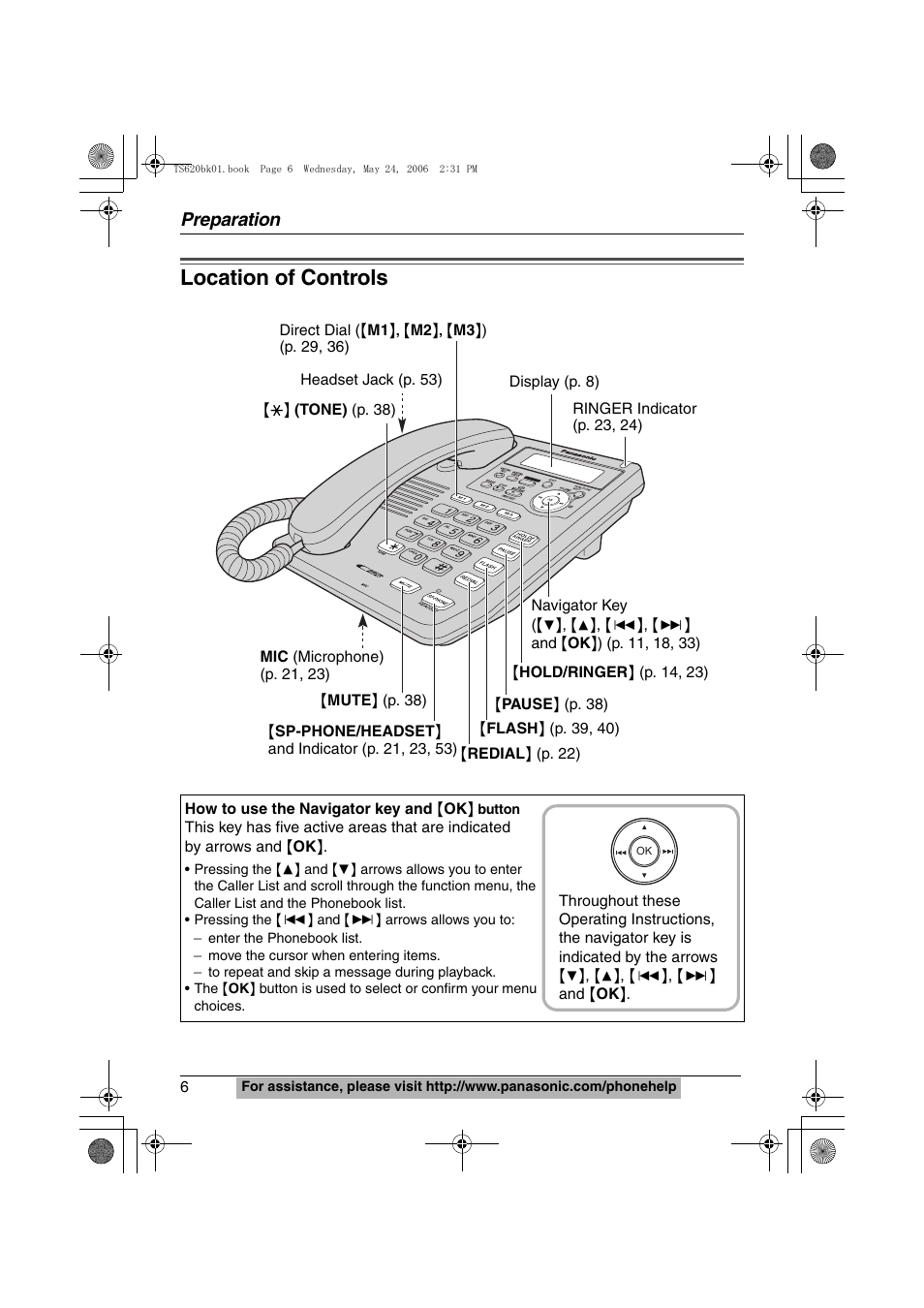 Location of controls, Preparation | Panasonic KX-TS620 User Manual | Page 6 / 64