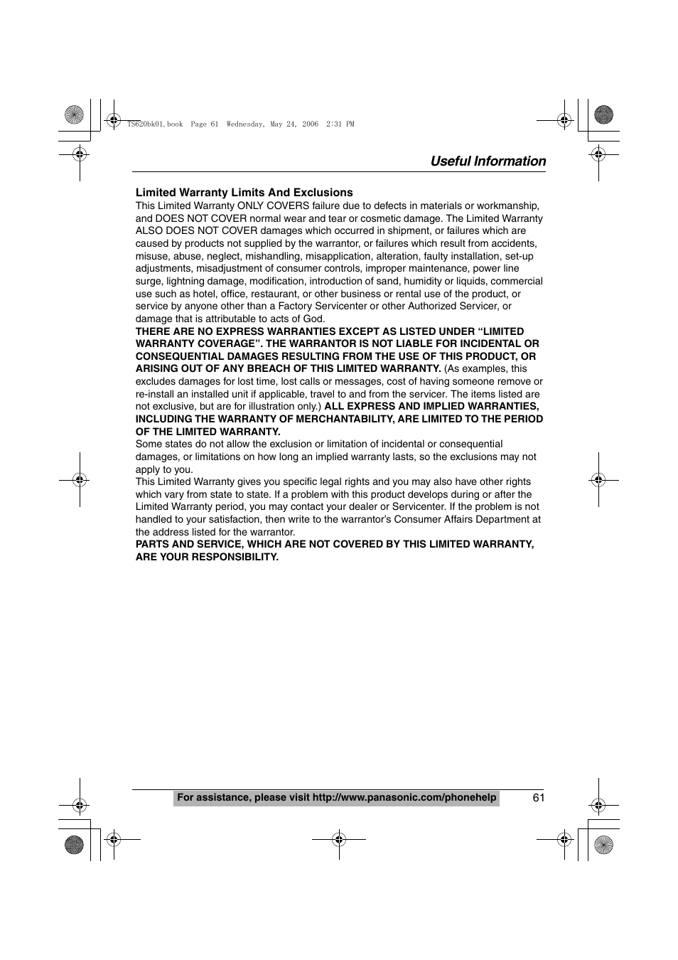 Useful information | Panasonic KX-TS620 User Manual | Page 61 / 64