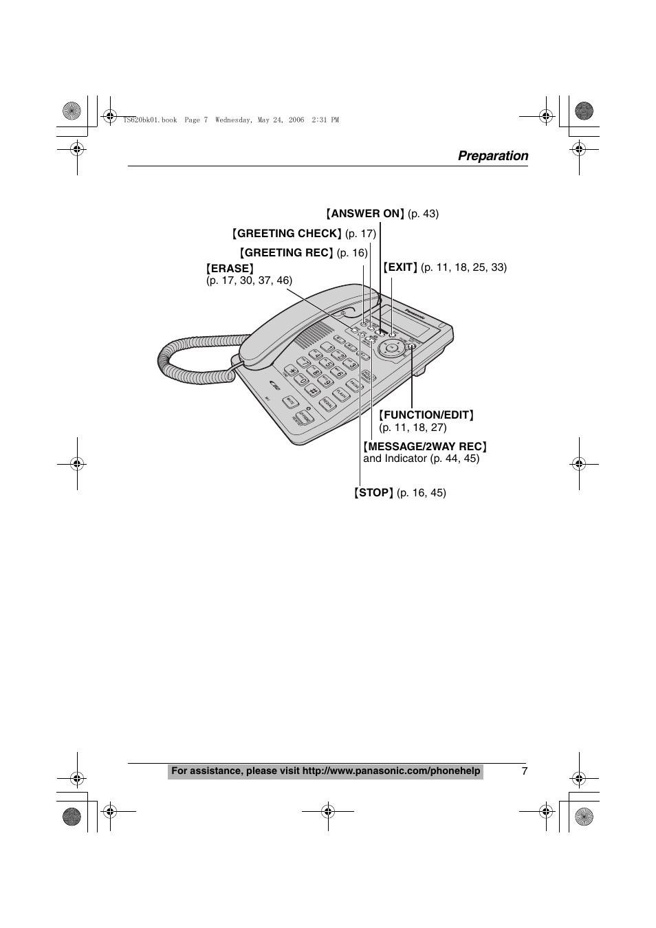 Preparation | Panasonic KX-TS620 User Manual | Page 7 / 64