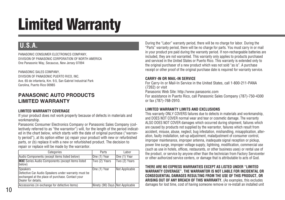 Limited warranty, U.s.a | Panasonic CY-BT200U User Manual | Page 10 / 36