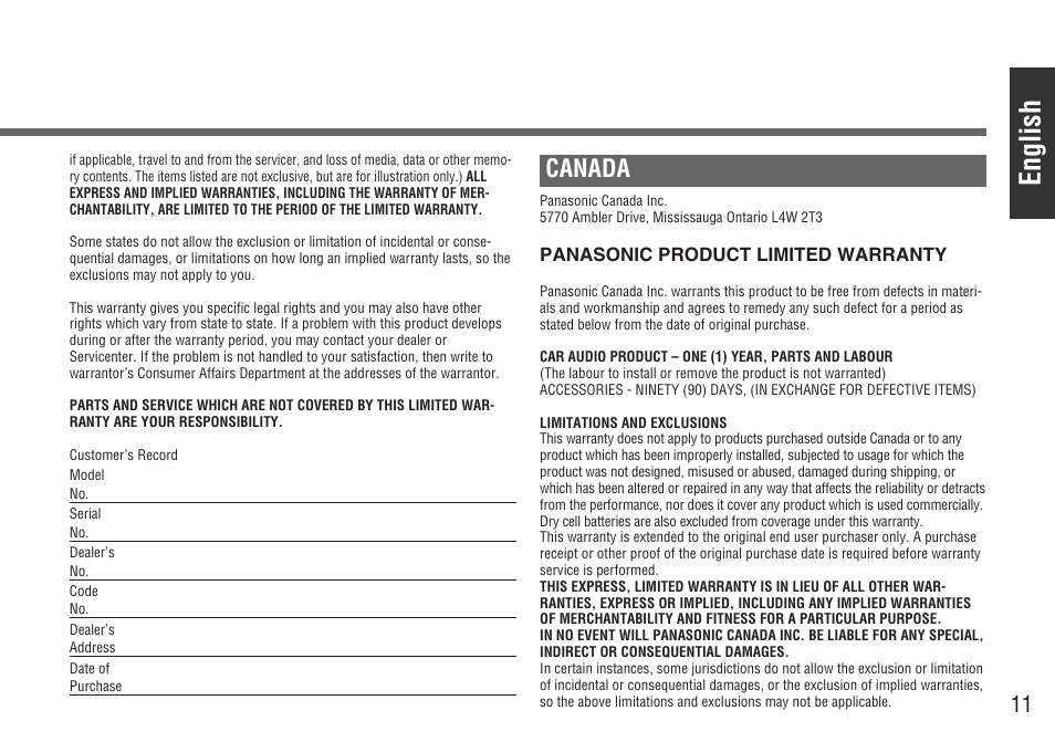 English, Canada | Panasonic CY-BT200U User Manual | Page 11 / 36