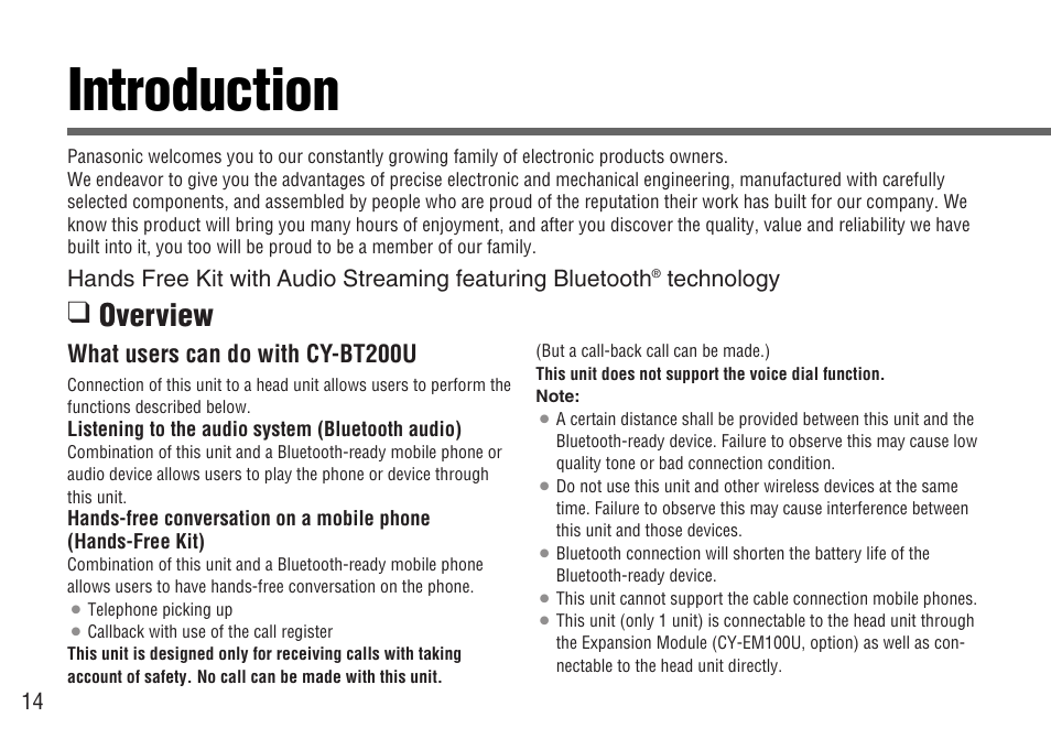 Introduction, Overview, What users can do with cy-bt200u | Panasonic CY-BT200U User Manual | Page 14 / 36