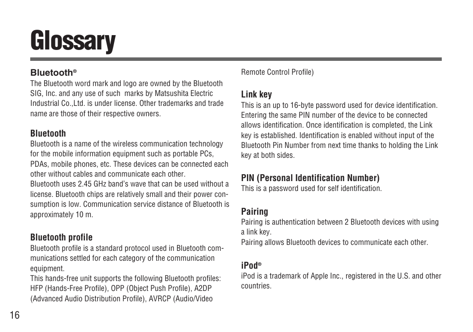 Glossary | Panasonic CY-BT200U User Manual | Page 16 / 36