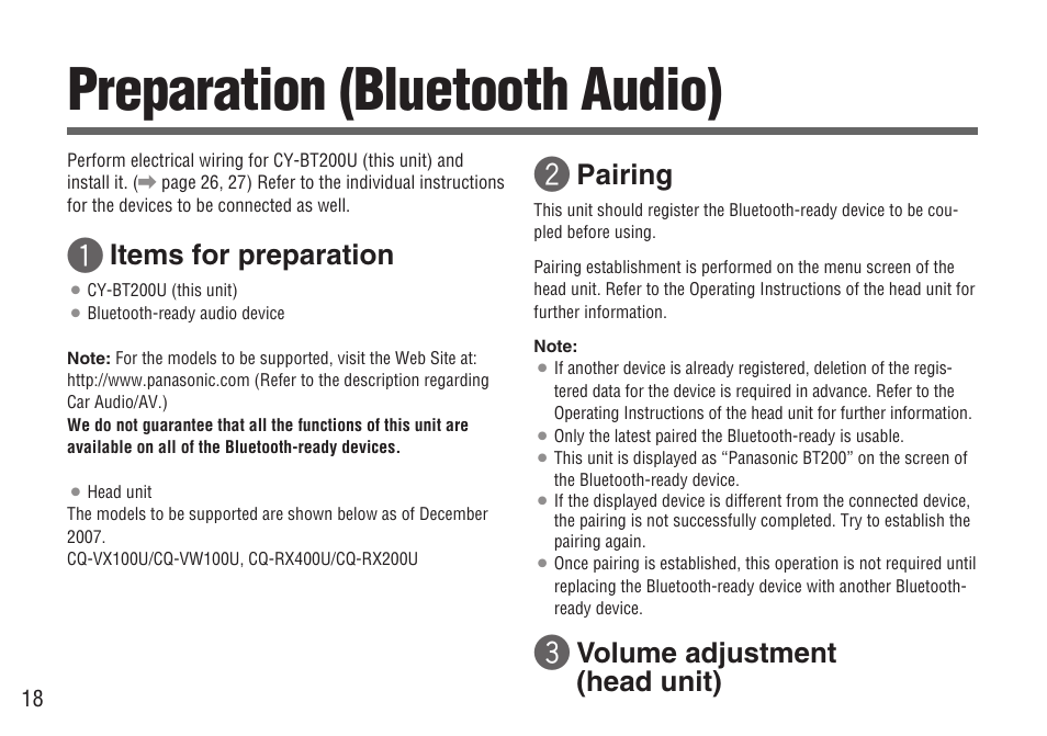 Preparation (bluetooth audio), Items for preparation, Pairing | Volume adjustment (head unit) | Panasonic CY-BT200U User Manual | Page 18 / 36