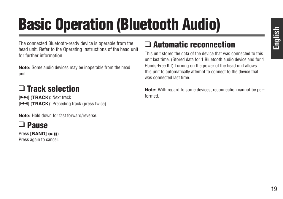 Basic operation (bluetooth audio), Track selection, Pause | Automatic reconnection | Panasonic CY-BT200U User Manual | Page 19 / 36