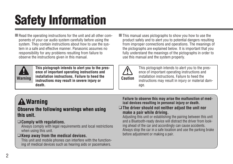 Safety information, Warning | Panasonic CY-BT200U User Manual | Page 2 / 36