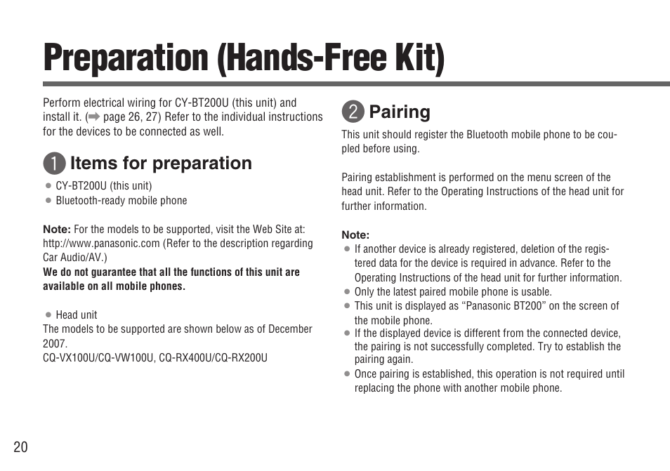 Preparation (hands-free kit), Items for preparation, Pairing | Panasonic CY-BT200U User Manual | Page 20 / 36