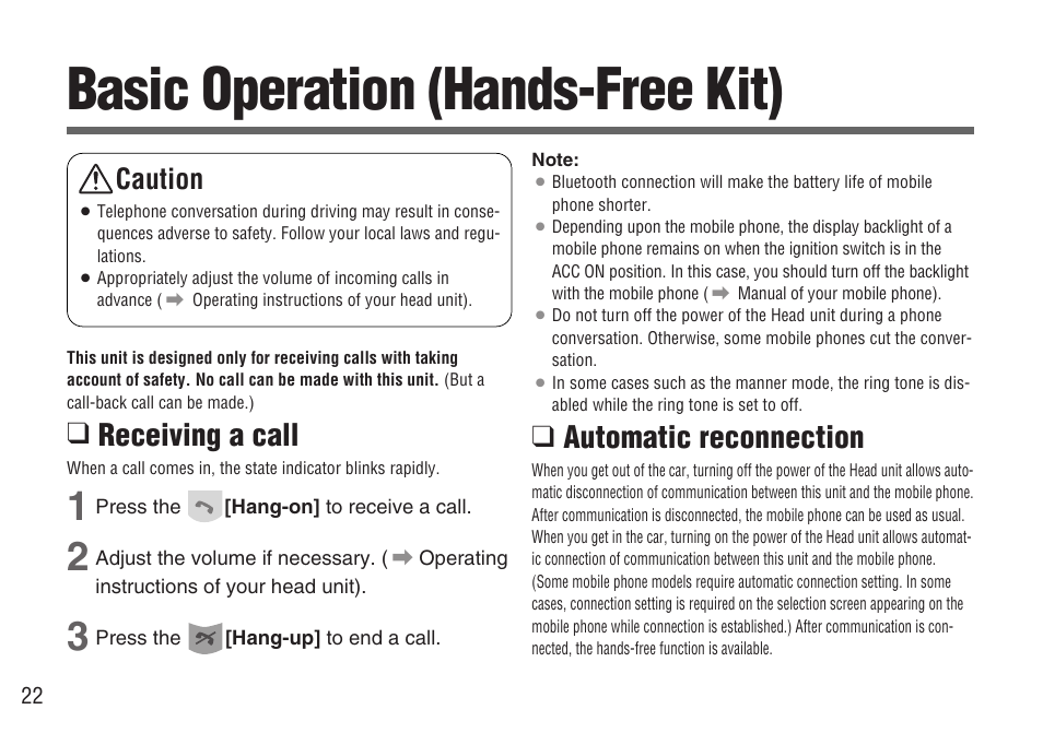 Basic operation (hands-free kit), Receiving a call, Automatic reconnection | Caution | Panasonic CY-BT200U User Manual | Page 22 / 36