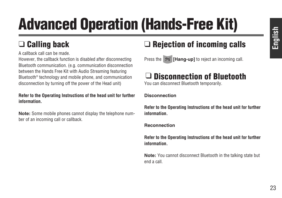 Advanced operation (hands-free kit), Calling back, Rejection of incoming calls | Disconnection of bluetooth, English | Panasonic CY-BT200U User Manual | Page 23 / 36