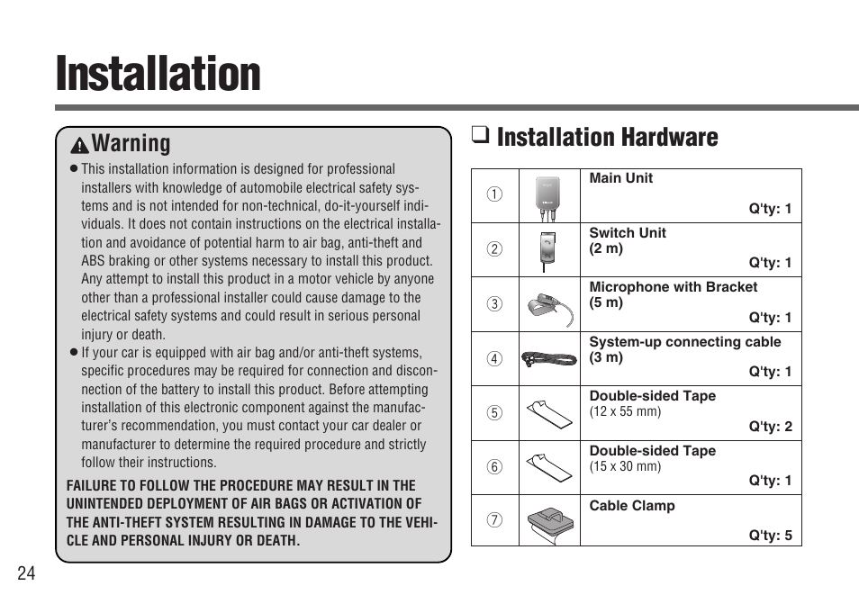 Installation, Installation hardware, Warning | Panasonic CY-BT200U User Manual | Page 24 / 36