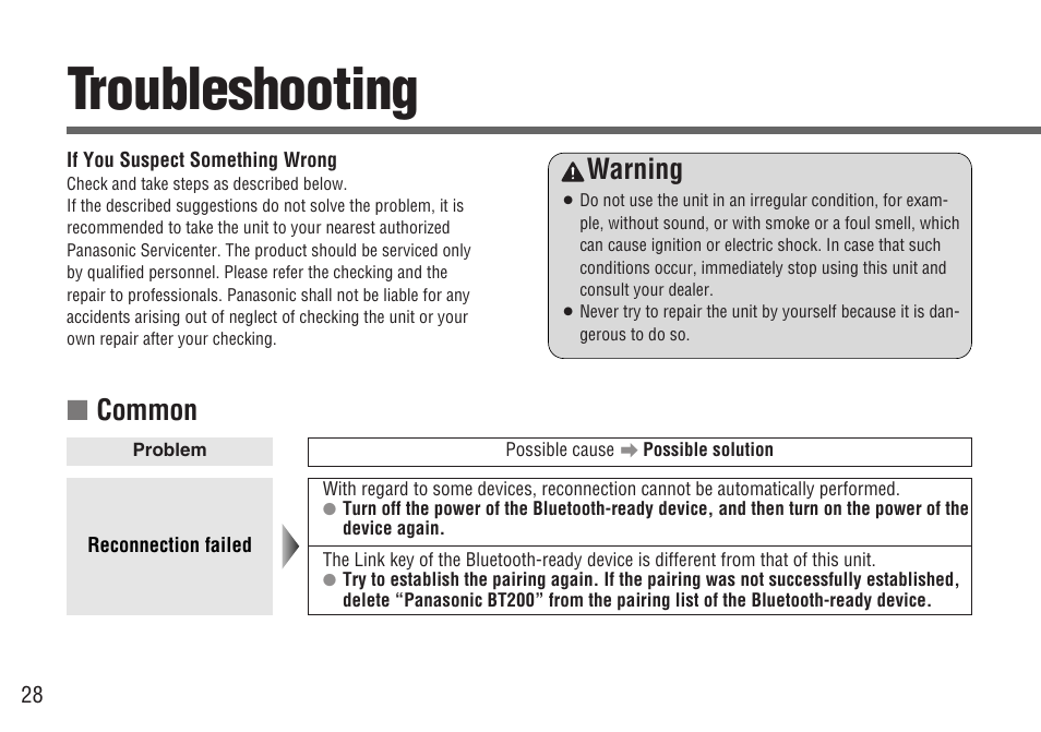 Troubleshooting, Common, Warning | Panasonic CY-BT200U User Manual | Page 28 / 36